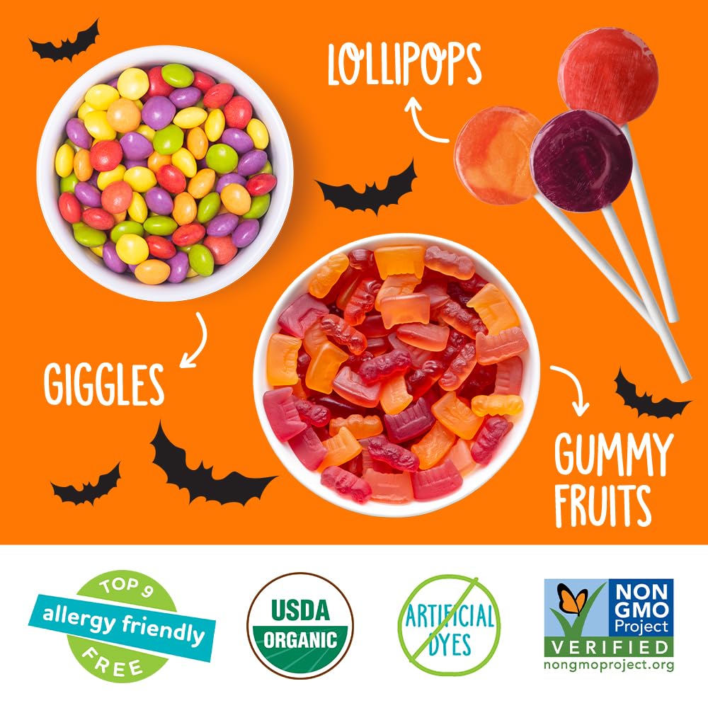 YumEarth Organic Halloween Variety Box - Allergy Friendly (Top 9 Free), No Artificial Dyes or Flavors, Non GMO, Gluten Free, Vegan Candy Snacks, Individually Wrapped (Pack of 50)