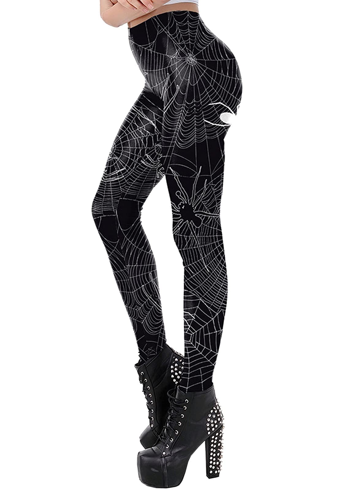 Womens Halloween Skeleton Leggings Pumpkin Costume Cosplay Tight Leggings M Black Spider Web