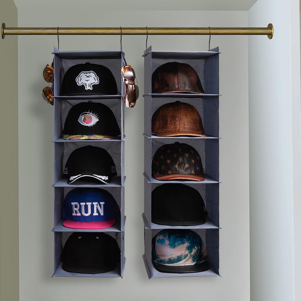LADYBRO Baseball Cap Storage for Closet Hanging Hat Organizer Hat Rack 10-Shelf or 2 Pcs 5-Shelf, Trucker Dad Golf Cap Newsboy Container Display Hanger Holder Oxford Cloth Space Saver