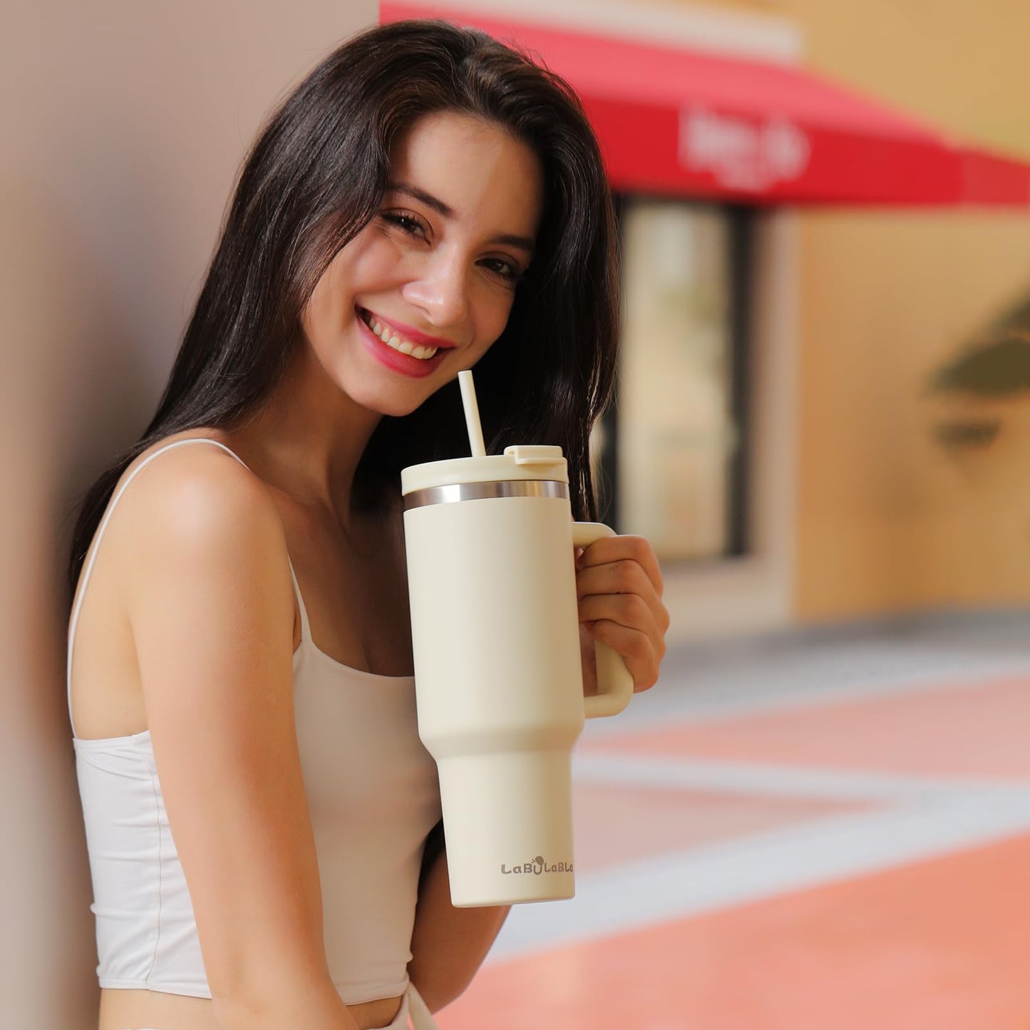 Labulabla 40oz Tumbler with Handle,Double Wall Vacuum Reusable Stainless Steel Insulated Water Bottle,With Leak Proof lid and Straw for Iced or Cold Beverages (Beige)