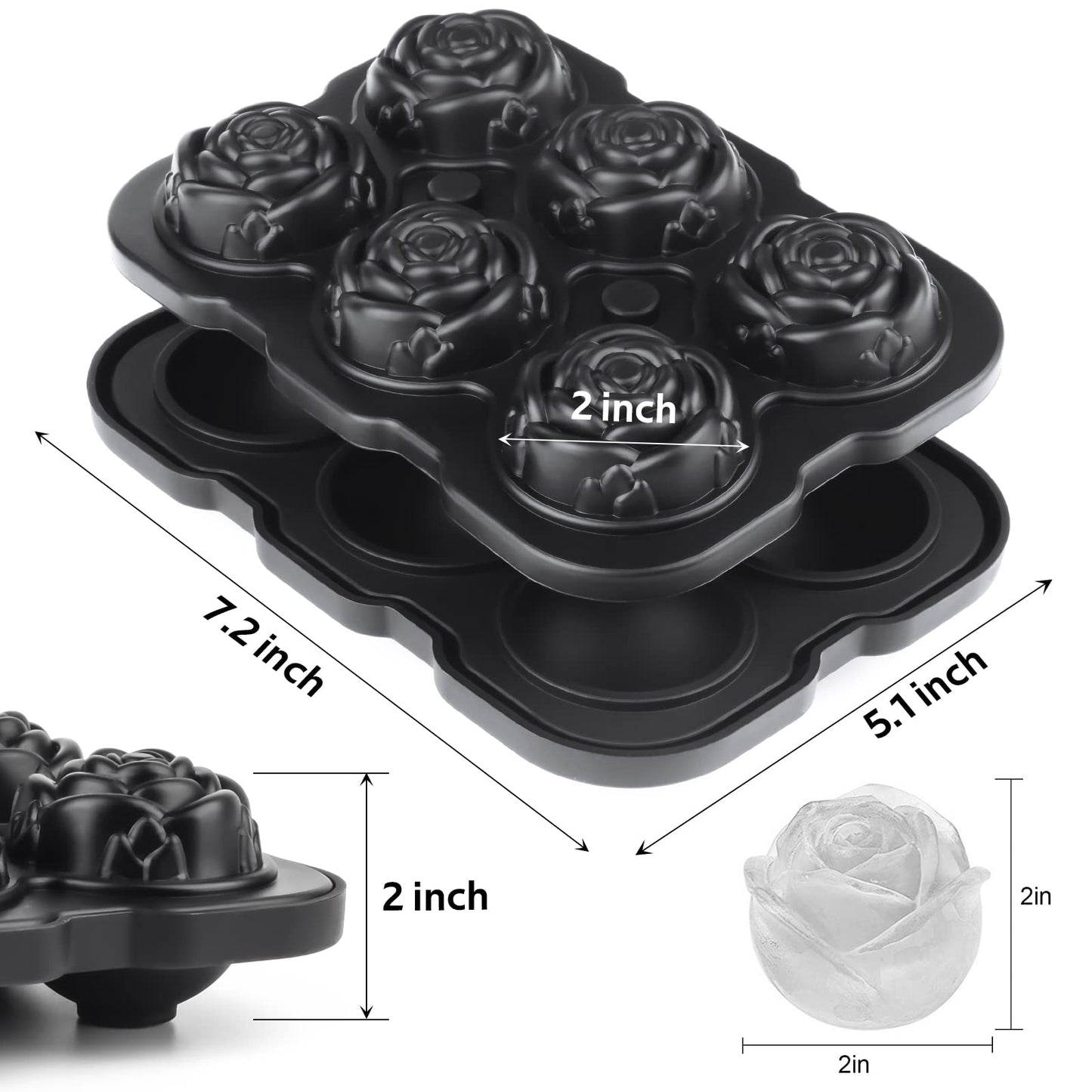 Ice Cube Tray, Mikiwon 2 inch Rose Ice Cube Trays With Covers, 6 Cavity Silicone Rose Ice Ball Maker, Easy Release Large Ice Cube Form for Chilled Cocktails, Whiskey, Bourbon & Homemade Juice Black