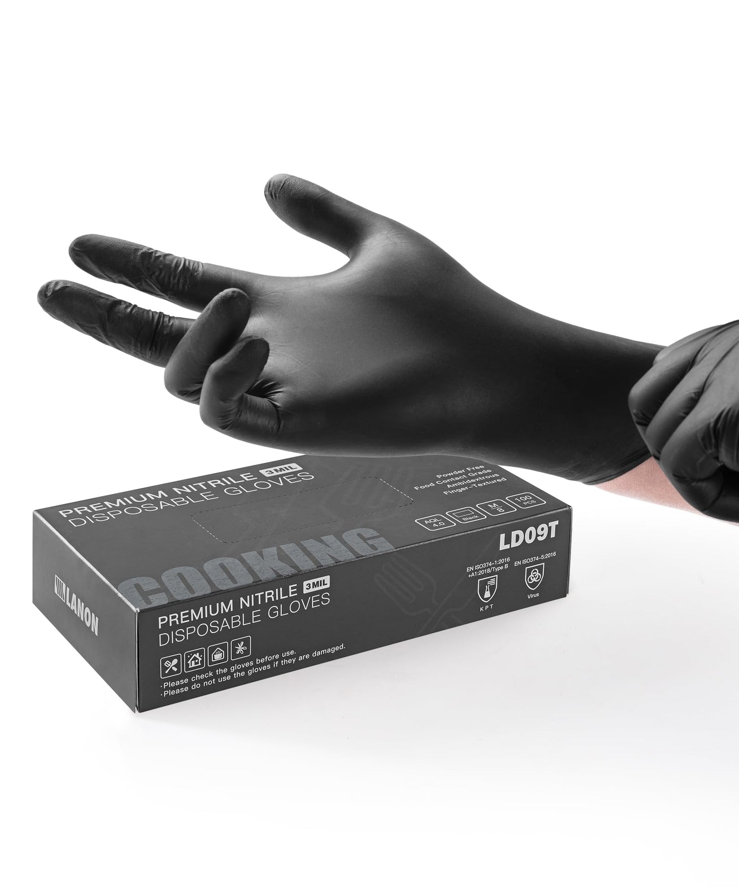 LANON Food Safe Disposable Nitrile Gloves, Latex-Free, Powder-Free, Silicone-Free, Textured Fingertips, Cooking, Black,Medium