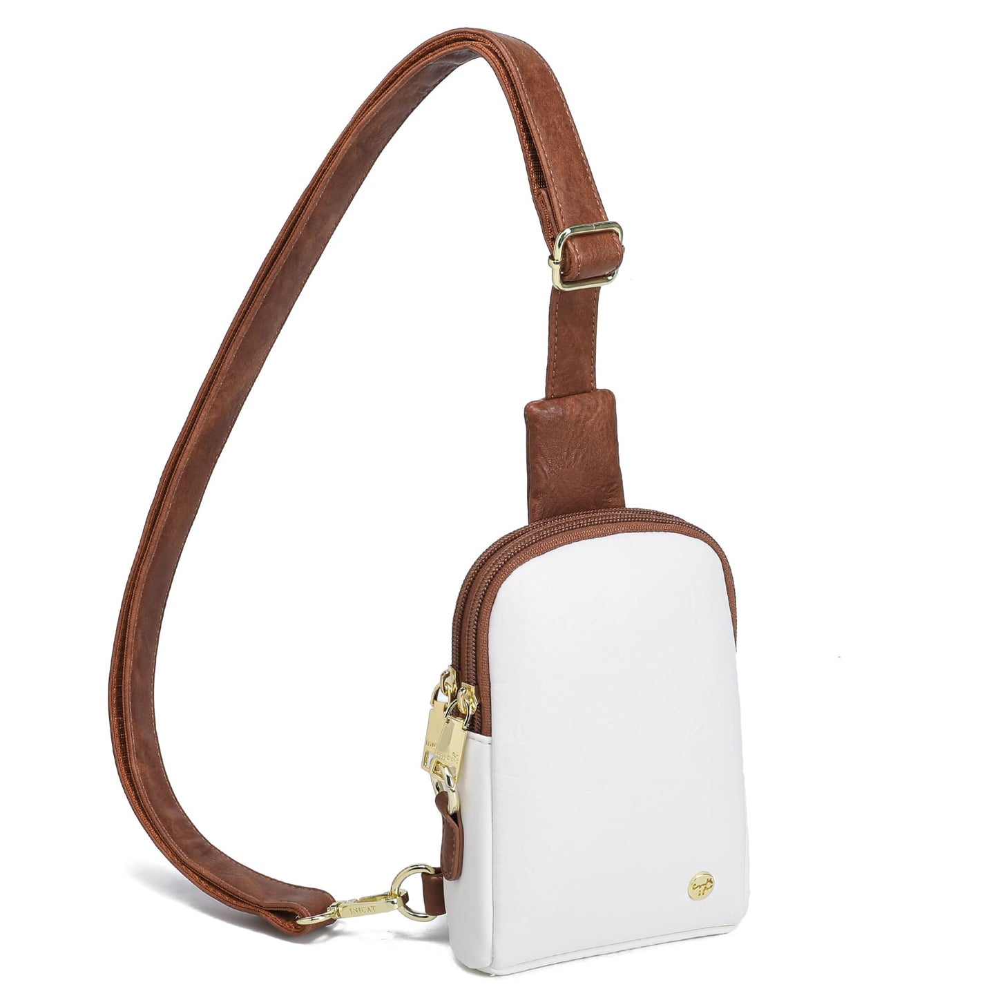 INICAT Sling Bag for Women Touchscreen Small Crossbody Cell Phone Purse Fanny Pack(White Brown Anti Theft Small)