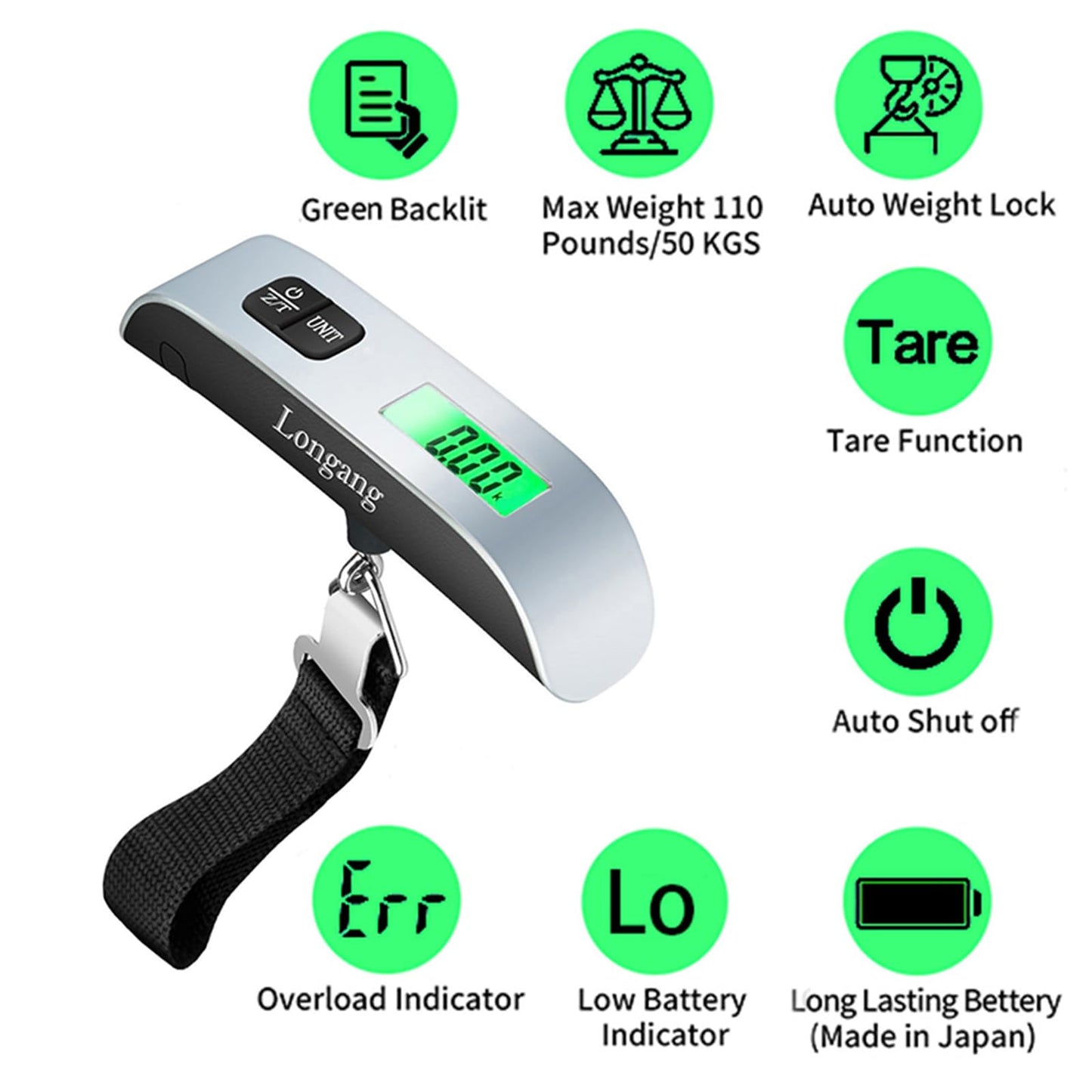 Longang Digital Hanging Luggage Scale with Backlit for Travel, Portable Handheld Suitcase Weight Scale with Hook, 110 Pounds, Battery Included
