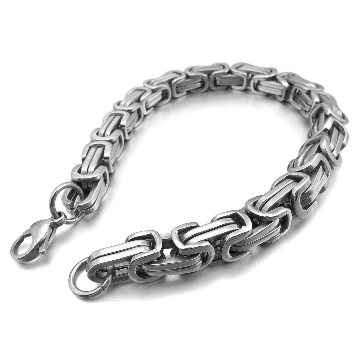 INBLUE 8mm Wide 316L Stainless Steel Bracelet Byzantine Link Chain Bracelet for Men Women Water Resistance (Color - Silver, Length - 9.0 Inch)