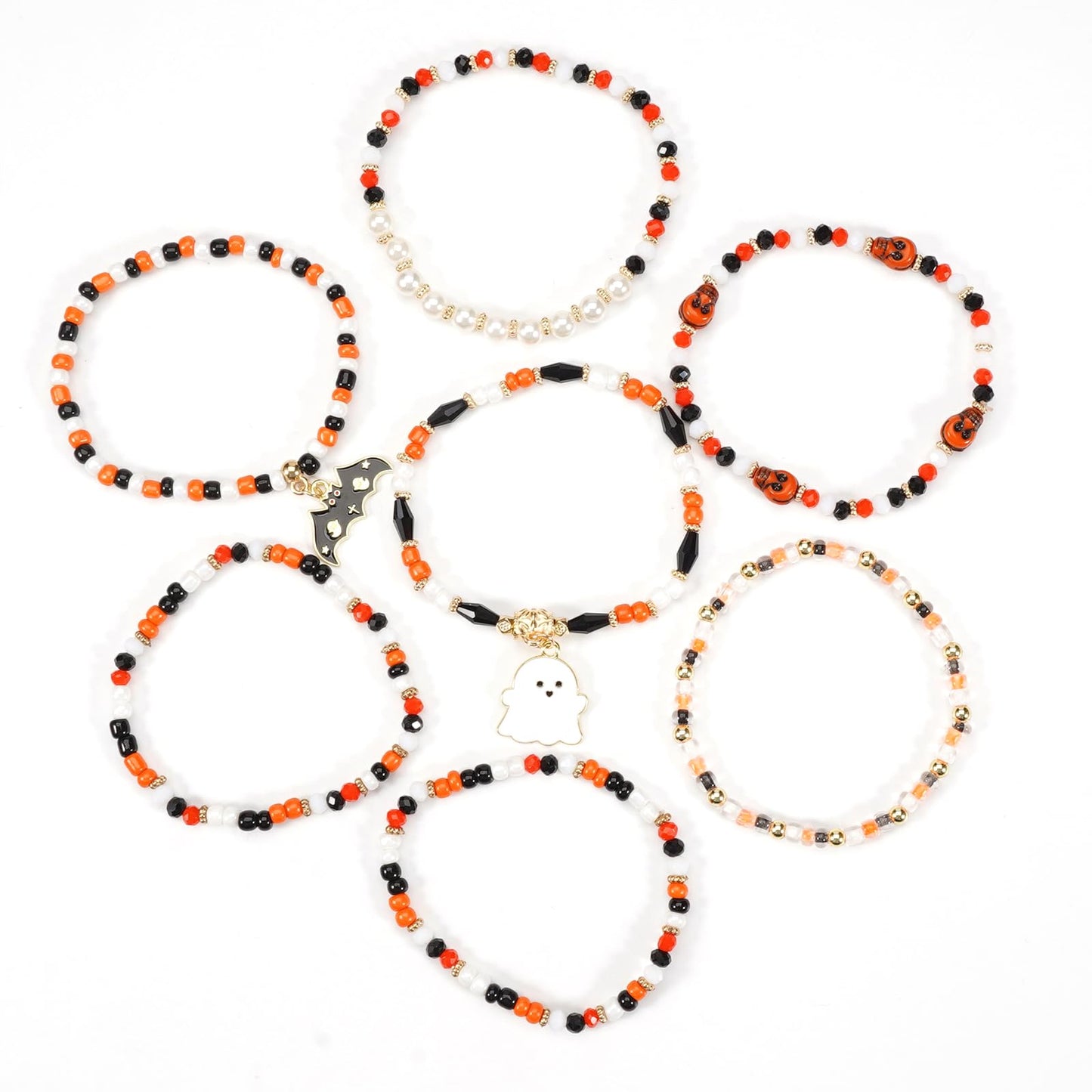 Lonext Halloween Bracelets Ghost Pumpkin Skull Skeleton Bat Spooky Bracelet for Women Boho Stretch Stack Bead Charm Heishi Bracelet