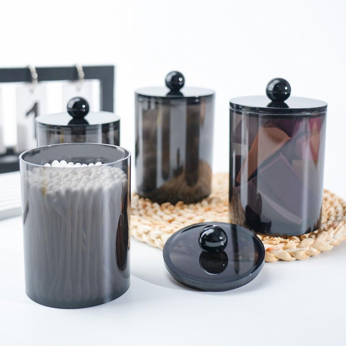 XIPENGKEJI 2 Pack Qtip Holder,Canister Apothecary Jar Set, Bathroom Jars with Lids Set for Cotton Swabs, Balls, Pads, Floss Picks,10oz-12oz Plastic Canisters Restroom Bedroom Vanity Organizer(Black)