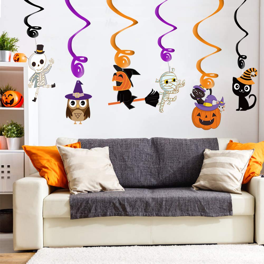 2025 Halloween Banner Party Decoration(Pre-Assembled) Cute Halloween Garland Bunting Banner Triangle Flag with Foil Swirl Ceiling Hanging Cards, Pumpkin Ghost Witches Bat Spider Skull Sticker