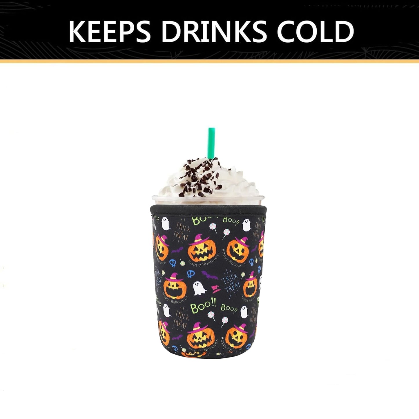 YR Reusable Neoprene Insulator Sleeve for Iced Coffee Cups, 3 Pack Coffee Coolies sleeves for Iced & Hot Drinks, Cold Beverage Cooler Compatible with Starbucks Coffee and More (Halloween Boo)