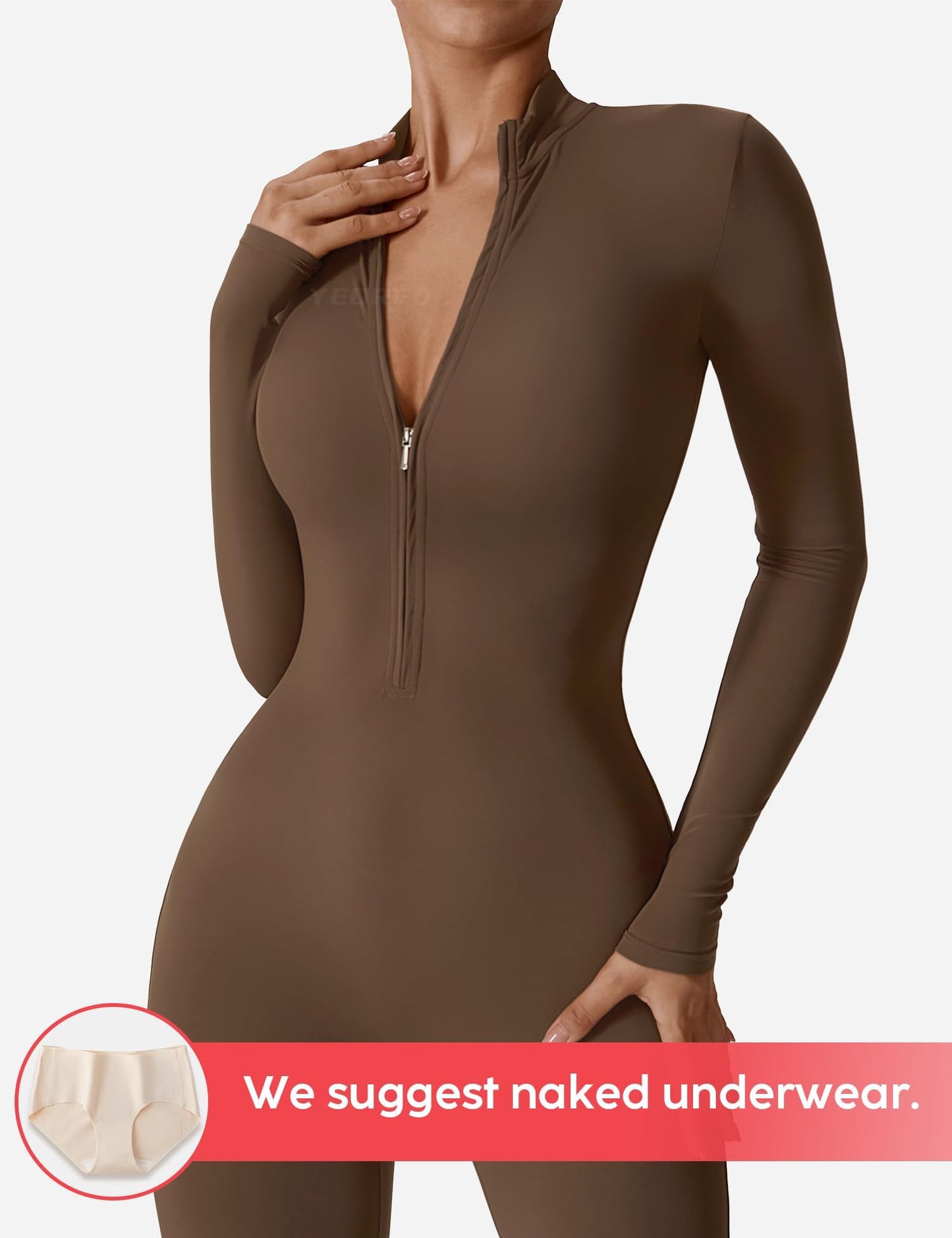 YEOREO Women Long Sleeve Workout Jumpsuit Zip Up Romper Bottom Pants Bodysuit Bodycon Sexy One Piece Coffee M