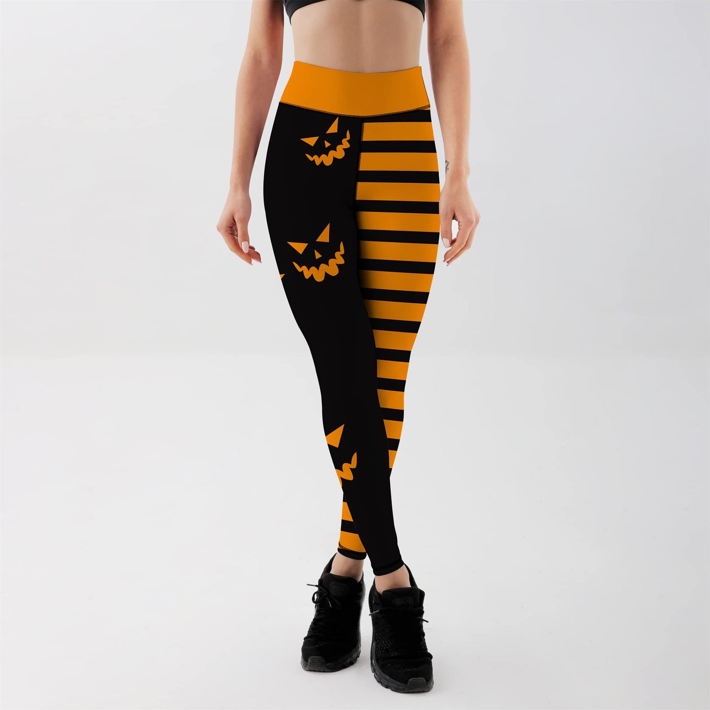 Yoga Legging Halloween Pumpkin Head Stripes Print Fashion Tummy Control Slimming High Waist Workout Pants for Gym Women's Sports DanceS