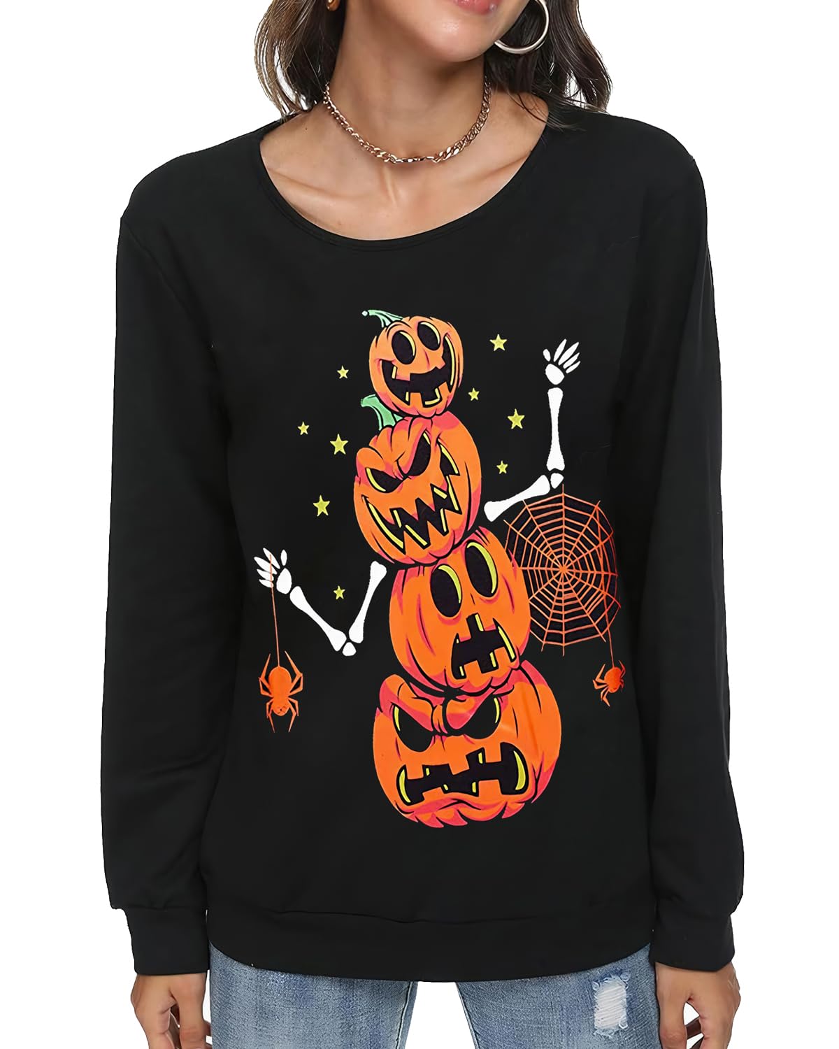 zarmfly Halloween Sweatshirts for Women Pumpkin Skeleton Shirts Long Sleeve Funny Pumpkin Graphic Halloween Tops M 8111