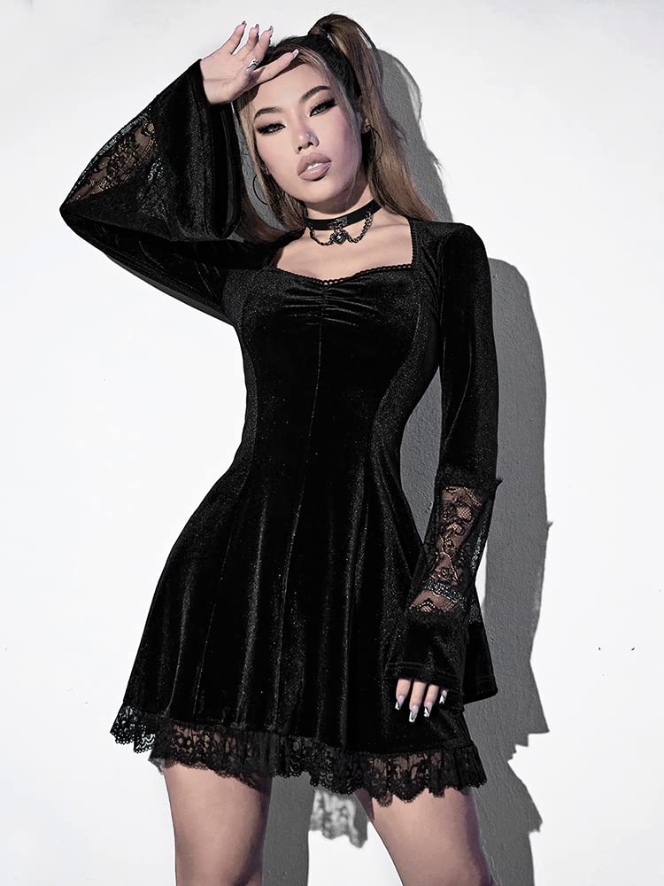 LANSHULAN Contrast Lace Long Sleeve Dress Black Goth Vintage Dresses