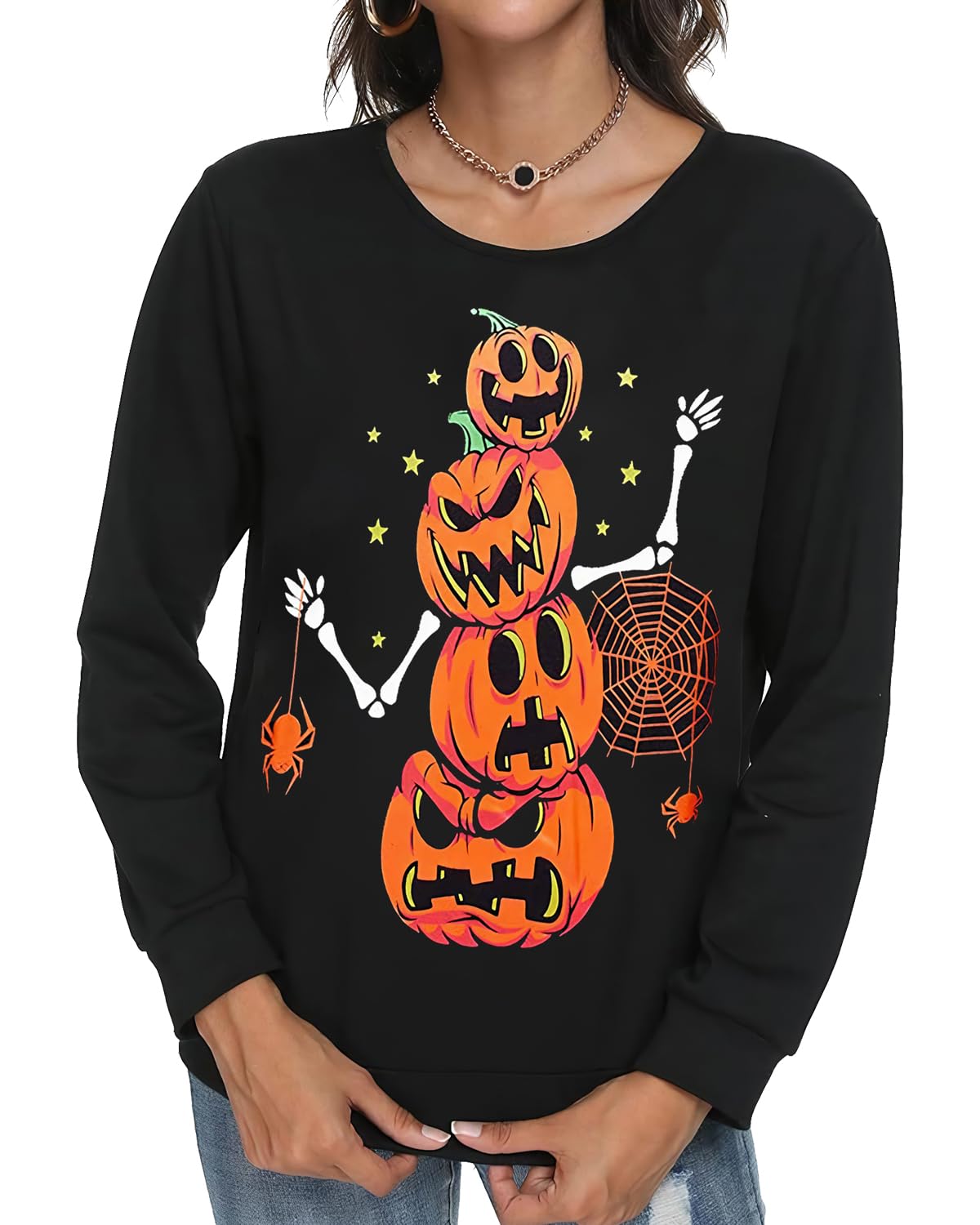 zarmfly Halloween Sweatshirts for Women Pumpkin Skeleton Shirts Long Sleeve Funny Pumpkin Graphic Halloween Tops M 8111