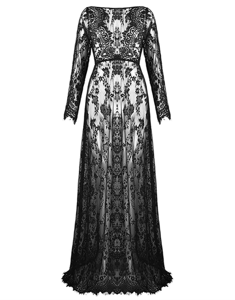 ZIUMUDY Sexy Deep V-Neck Long Sleeve Lace Beach See-Through Maternity Maxi Dress (XX-Large, Black)