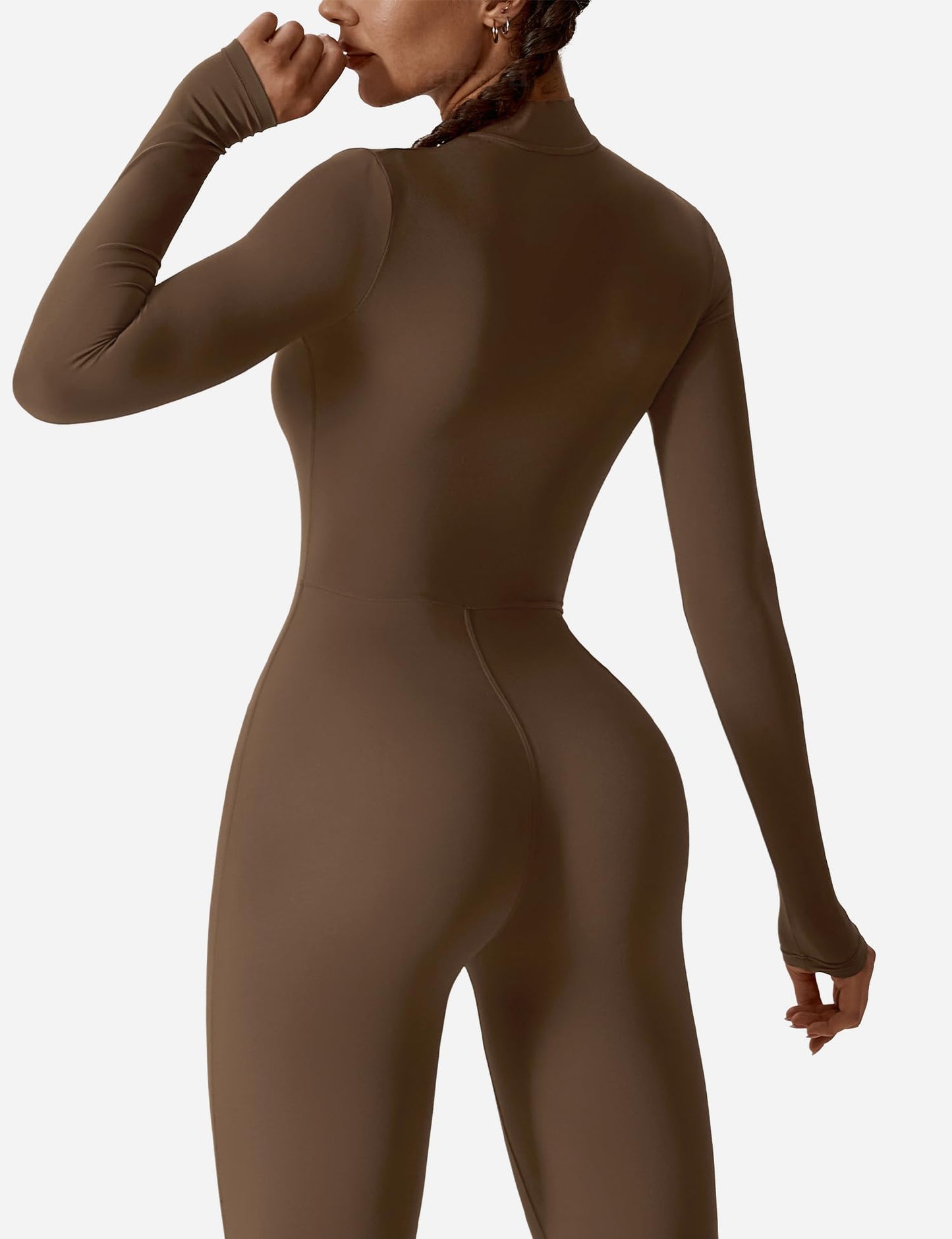 YEOREO Women Long Sleeve Workout Jumpsuit Zip Up Romper Bottom Pants Bodysuit Bodycon Sexy One Piece Coffee M
