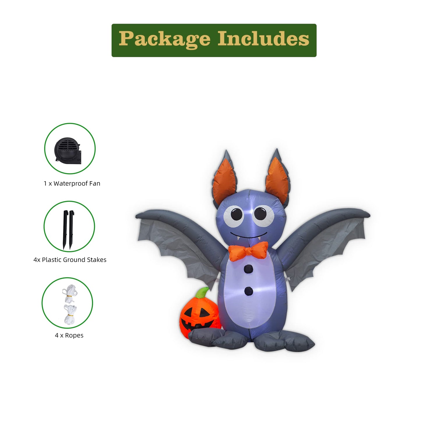 Ycolnaefllr 4 Foot Long Lighted Halloween Inflatable Bat & Pumpkin LED Lights Decor Outdoor Indoor Holiday Decorations, Blow up Lighted Yard Decor, Giant Lawn Inflatables Home Family Outside