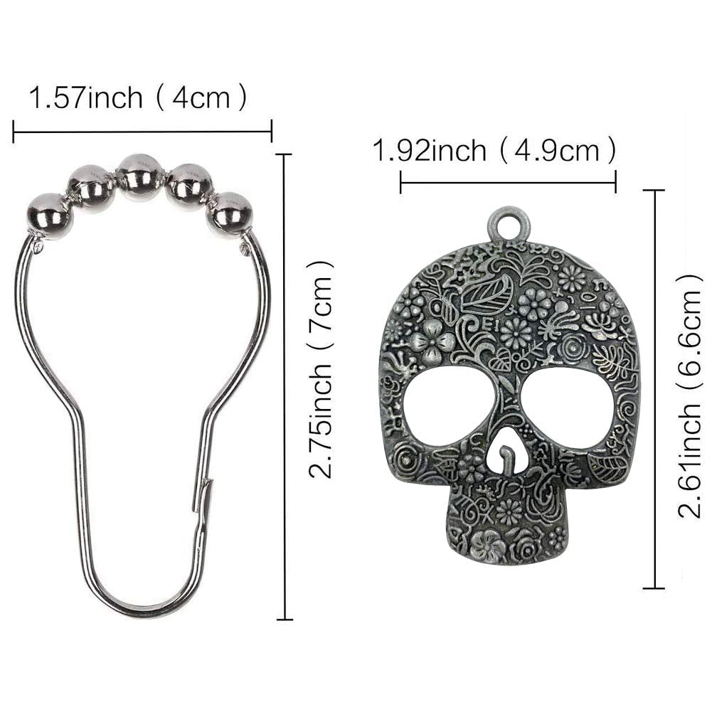 ZILucky Set of 12 Sugar Skull Shower Curtain Hooks Decorative Home Bathroom Stainless Steel Rustproof Skeletons Shower Curtain Rings Decor Accessories (Pewter)