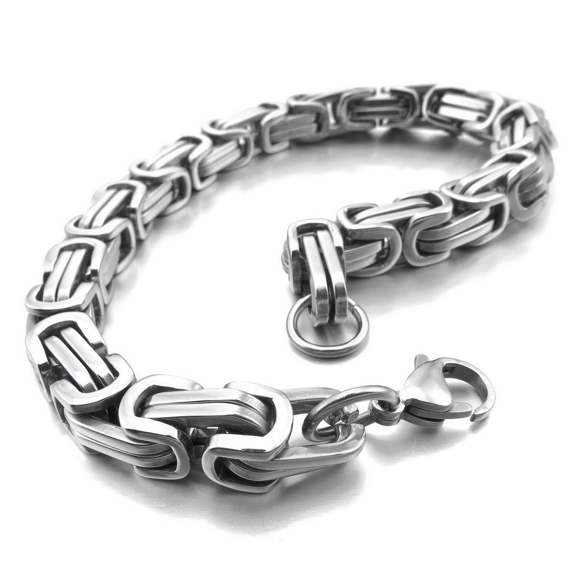 INBLUE 8mm Wide 316L Stainless Steel Bracelet Byzantine Link Chain Bracelet for Men Women Water Resistance (Color - Silver, Length - 9.0 Inch)