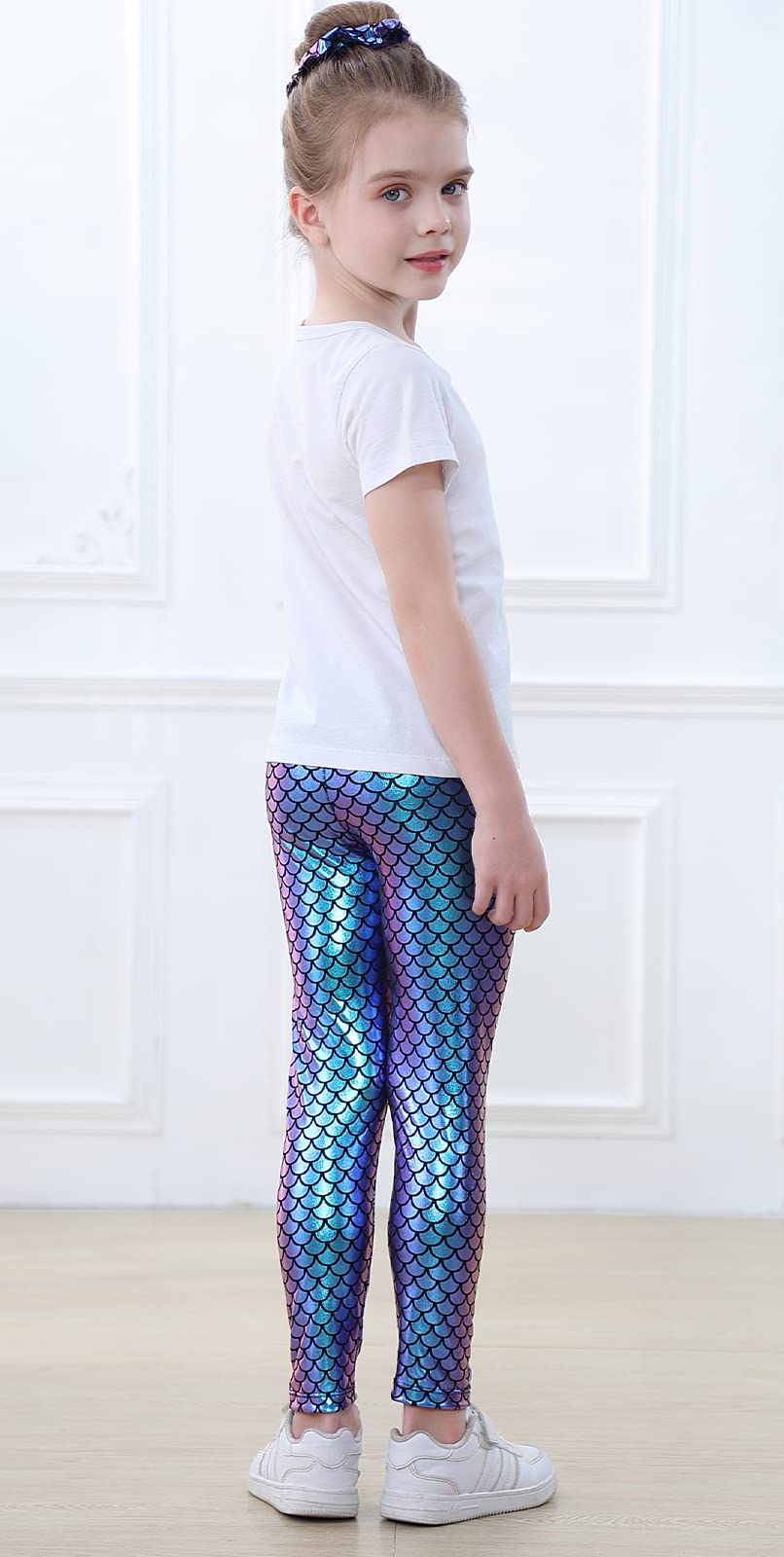 YgneeDom Kids Girls Mermaid Leggings Shiny Metallic Scale Pants for Halloween Dance Party(NK5417-Mermaid-Purple-S-V2)
