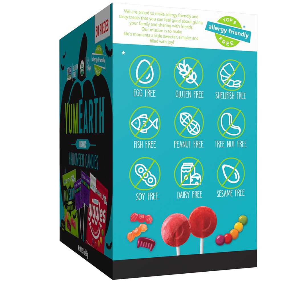 YumEarth Organic Halloween Variety Box - Allergy Friendly (Top 9 Free), No Artificial Dyes or Flavors, Non GMO, Gluten Free, Vegan Candy Snacks, Individually Wrapped (Pack of 50)
