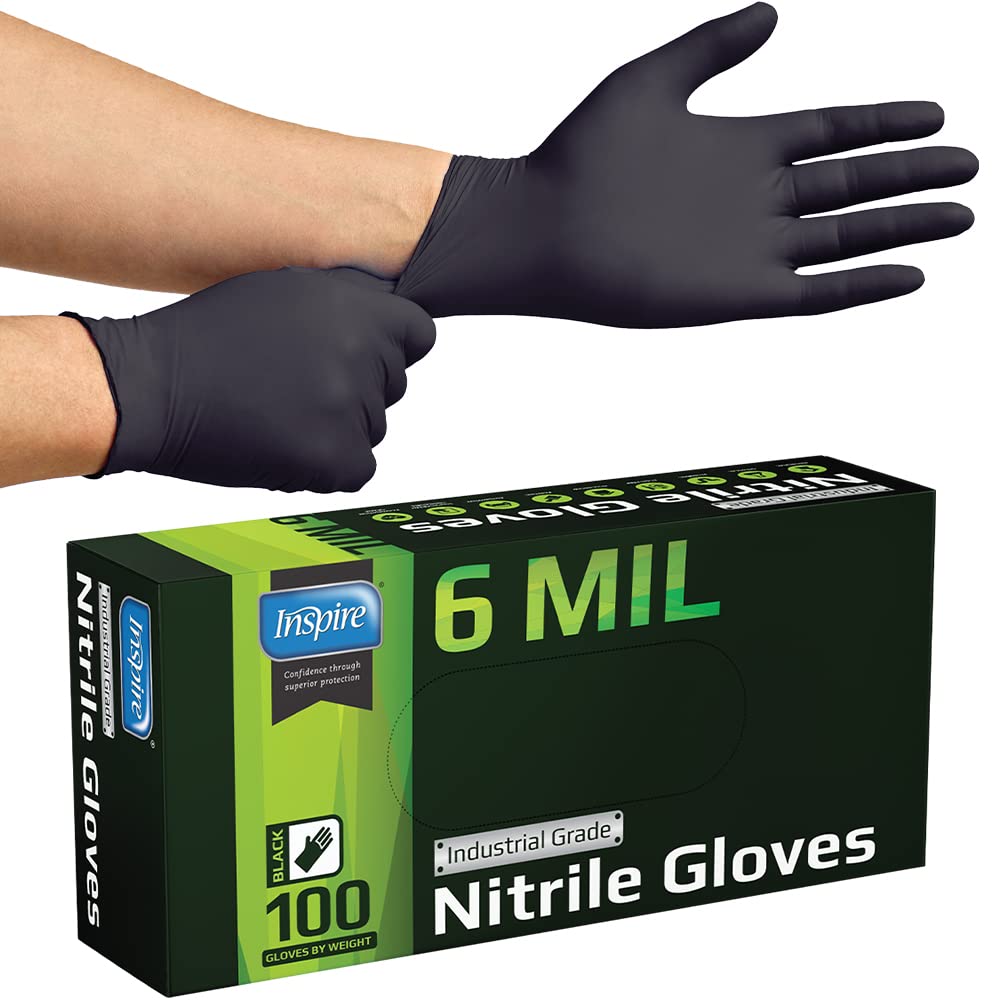 Inspire HEAVY DUTY 6Mil ORIGINAL Quality Stretch Nitrile Gloves Black Disposable Latex Free | Medical, Exam, Food, Industrial, Mechanic Tattoo (6Mil Black, Medium)
