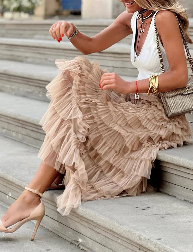 Long Tulle Skirt for Women Trendy High Waisted A Line Fluffy Fairy Mesh Layered Ruffle Skirt(Khaki, L)