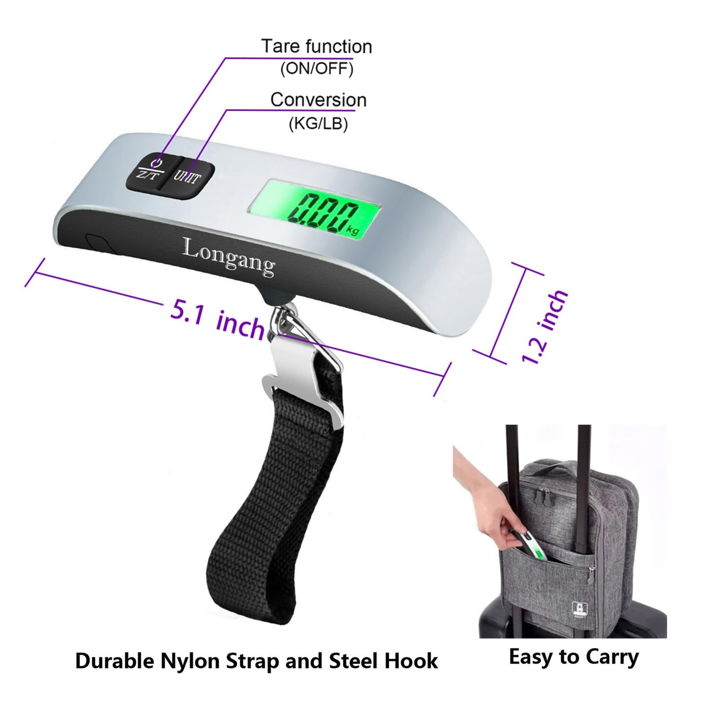 Longang Digital Hanging Luggage Scale with Backlit for Travel, Portable Handheld Suitcase Weight Scale with Hook, 110 Pounds, Battery Included