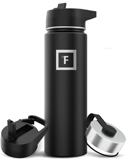 IRON °FLASK Camping & Hiking Hydration Flask with 3 Lids - Stainless Steel, Double Walled & Vacuum Insulated Water Bottle - Leak Proof & BPA Free (Midnight Black, Straw - 22 oz)