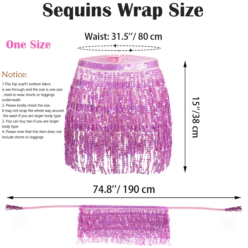 Women's Sequin Tassel Skirts Sparkly Rave Fringe Hip Scarf for Festival Costume(Pink)