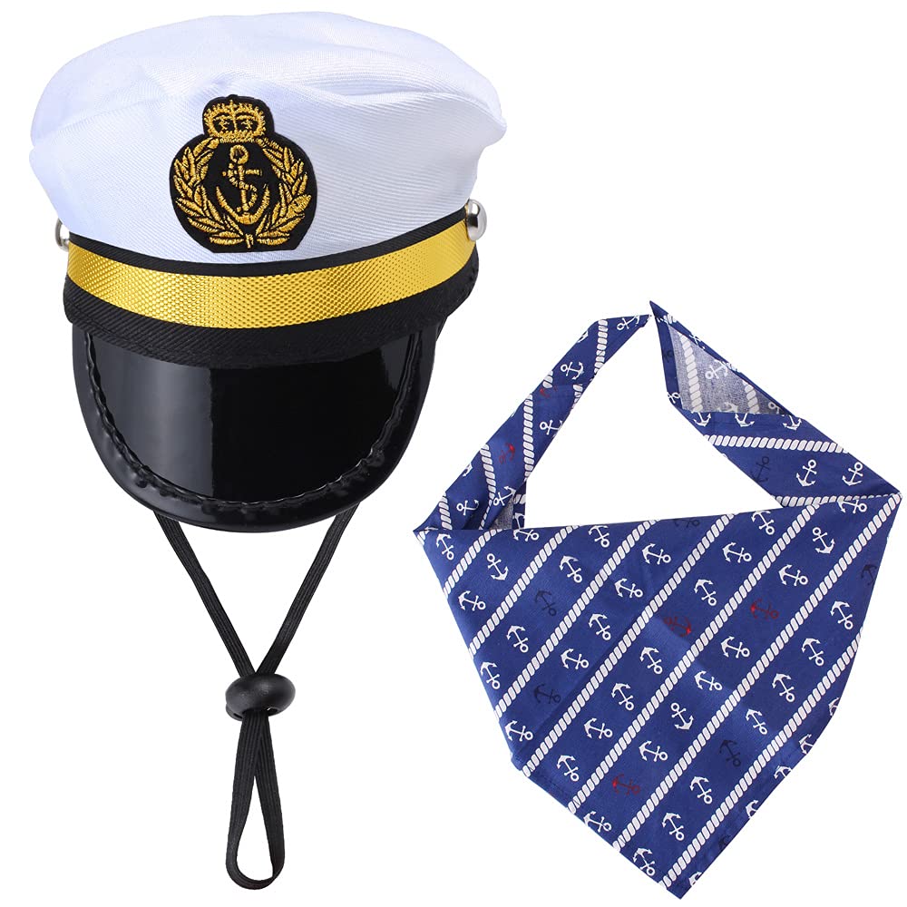 Yewong Pet Captain Sailors Costume Set Dog Cat Sea Captain Hat with Pet Anchor Triangle Bibs Scarf for Cat Puppy Navy Halloween Cosplay Costume Accessories Photo Props (White-B)