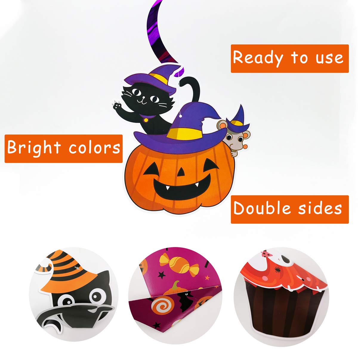 2025 Halloween Banner Party Decoration(Pre-Assembled) Cute Halloween Garland Bunting Banner Triangle Flag with Foil Swirl Ceiling Hanging Cards, Pumpkin Ghost Witches Bat Spider Skull Sticker