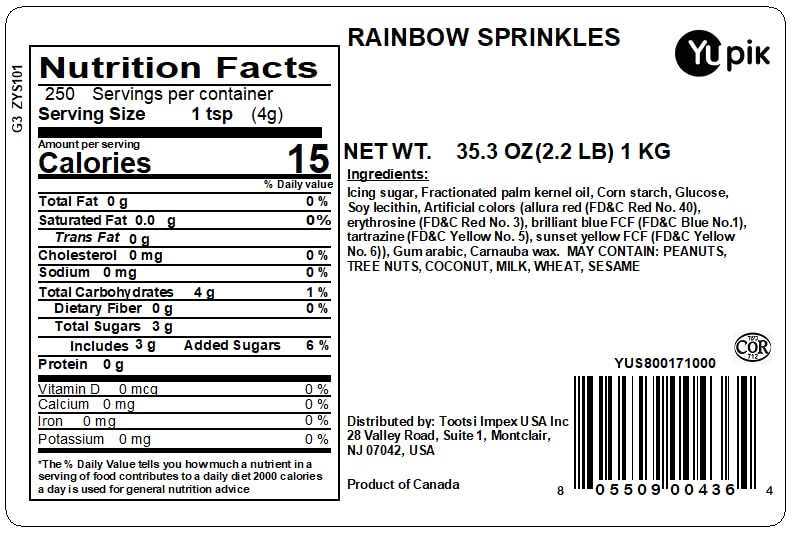 Yupik Rainbow Sprinkles, 2.2 lb (35.2 oz), Low Sugar, Cholesterol-Free, Sodium-Free, Kosher, Ideal for Baking, and Decorating Ice Cream, Cakes, Cookies, Cupcakes, and Donuts
