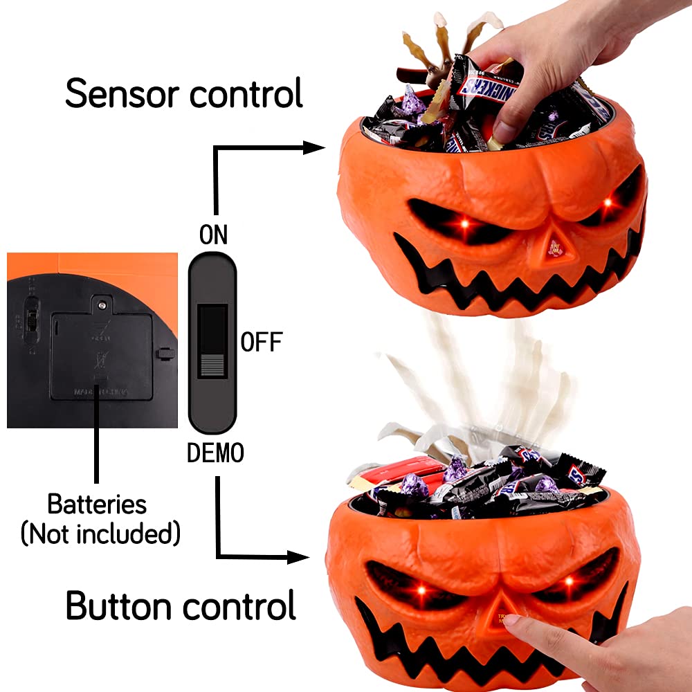 XOYTN XIMISHOP Animated Halloween Skull Bowl, Pumpkin Candy Dish With Creepy Moving Skeleton Hand for Party Decoration