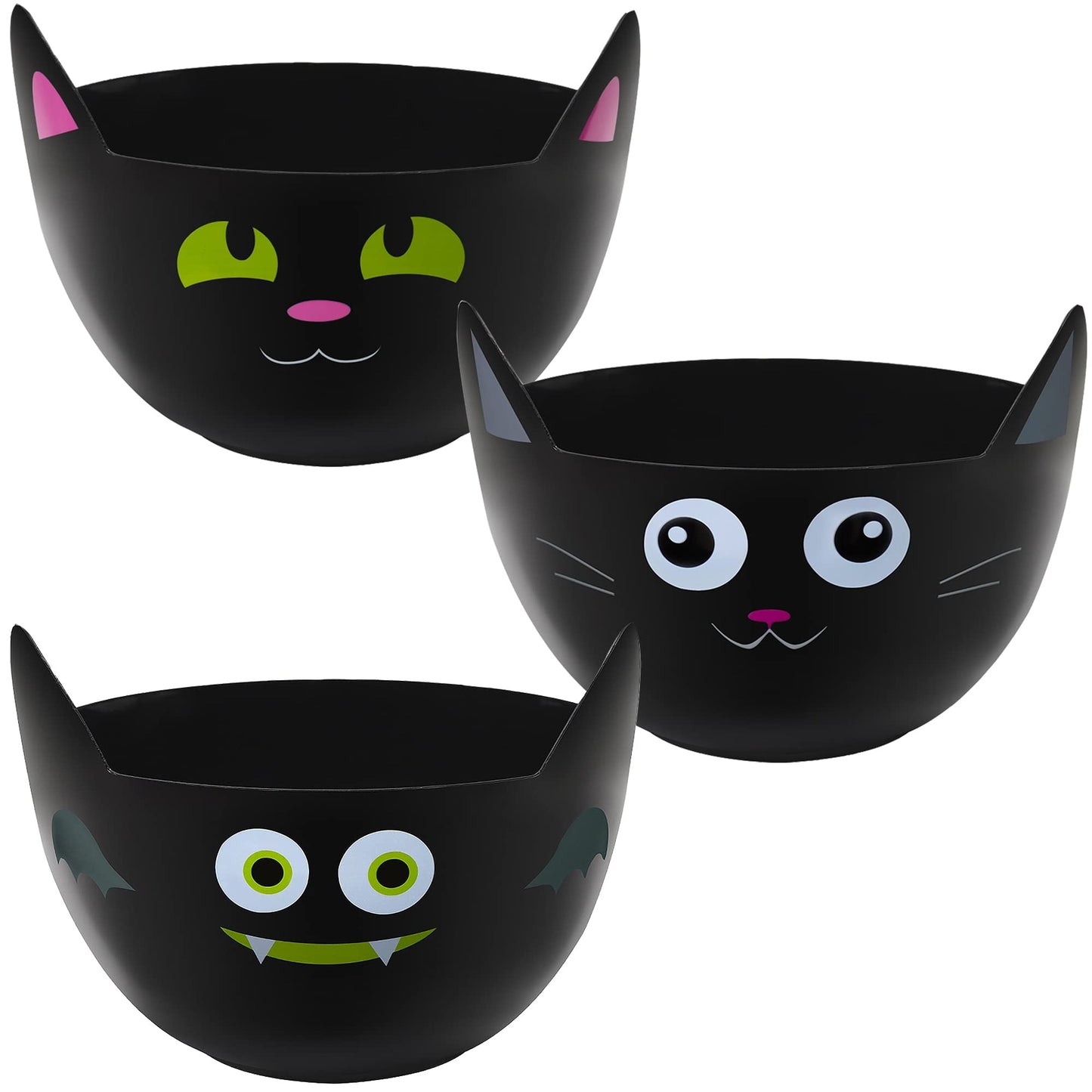 Zcaukya Halloween Party Supplies, Set of 3 Halloween Plastic Trick Treat Candy Bowls, Large Halloween Candy Holders, Black Cat Shaped Plastic Serving Bowl for Halloween Parties
