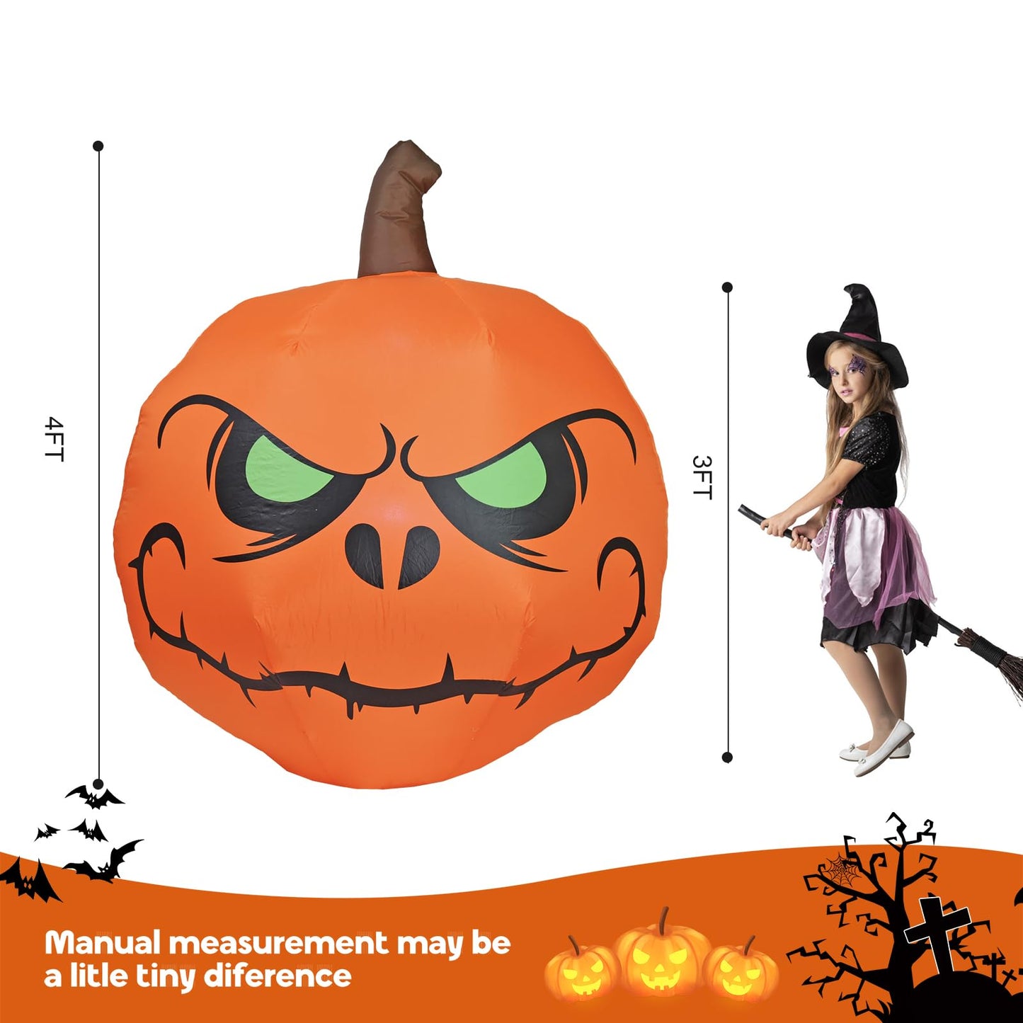 YOUBEMAGIC 4FT Halloween Inflatable Pumpkin with Build-in LED Lights, Blow up Halloween Inflatable Outdoor Indoor Decorations Large Party Yard Decoration