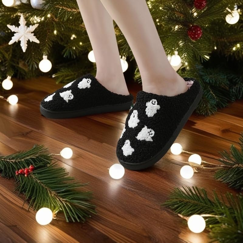 Zuiyisu Halloween/Christmas Slippers for Women Men, Soft Plush Fuzzy Winter holiday slippers, Retro Cozy House Slippers, Comfy Bedroom Indoor Outdoor Shoes, Halloweenghost