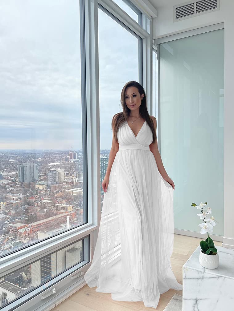 XXTAXN Women's Sexy Deep V Neck Split Cocktail Party Formal Bridesmaid Maxi Dress White