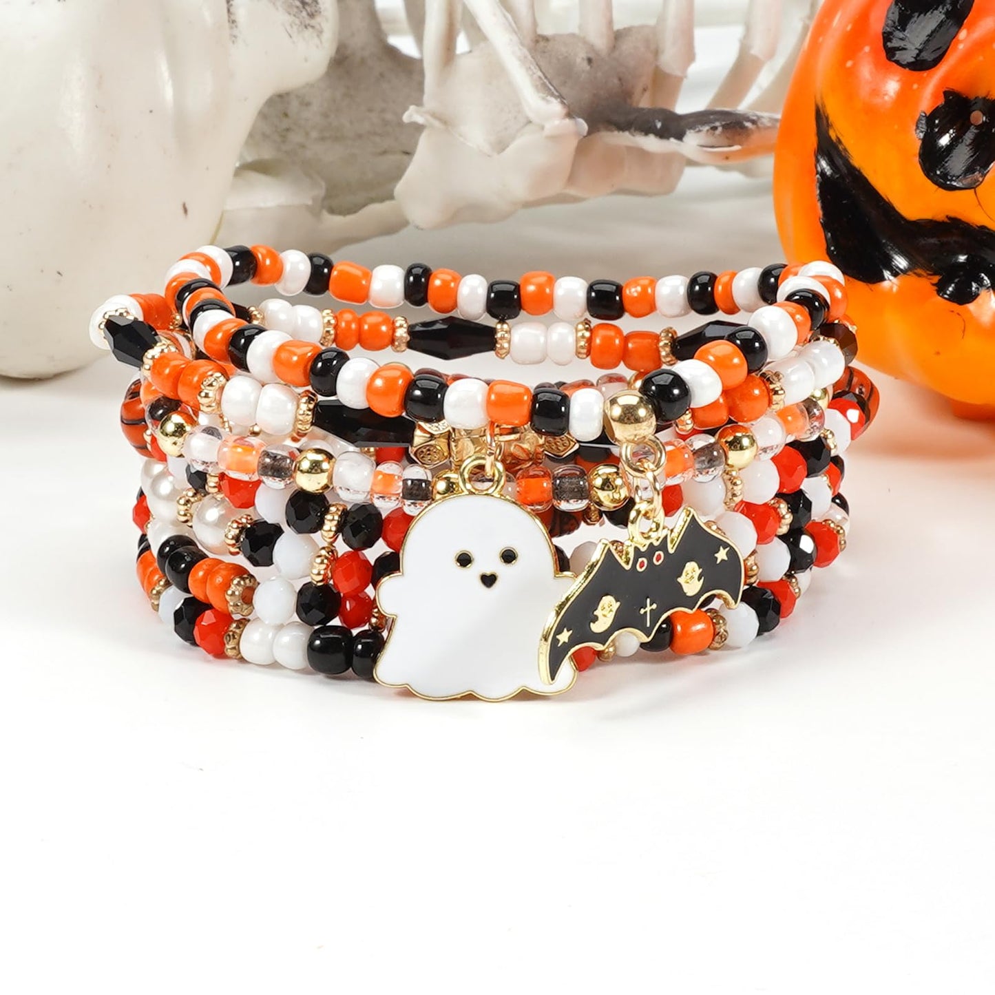 Lonext Halloween Bracelets Ghost Pumpkin Skull Skeleton Bat Spooky Bracelet for Women Boho Stretch Stack Bead Charm Heishi Bracelet