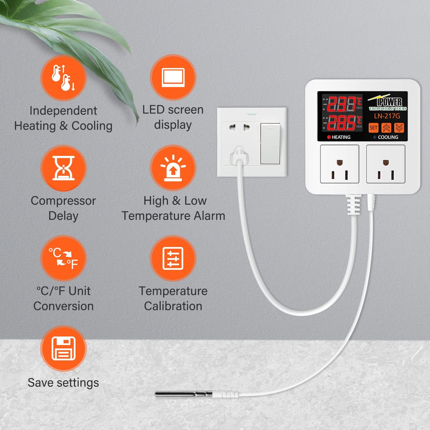 iPower Professional Digital Heating and Cooling Thermostat Controller for Seed Germination, Reptiles and Brewing Breeding Fermenter Greenhouse, Grow Tent, 1200W-White