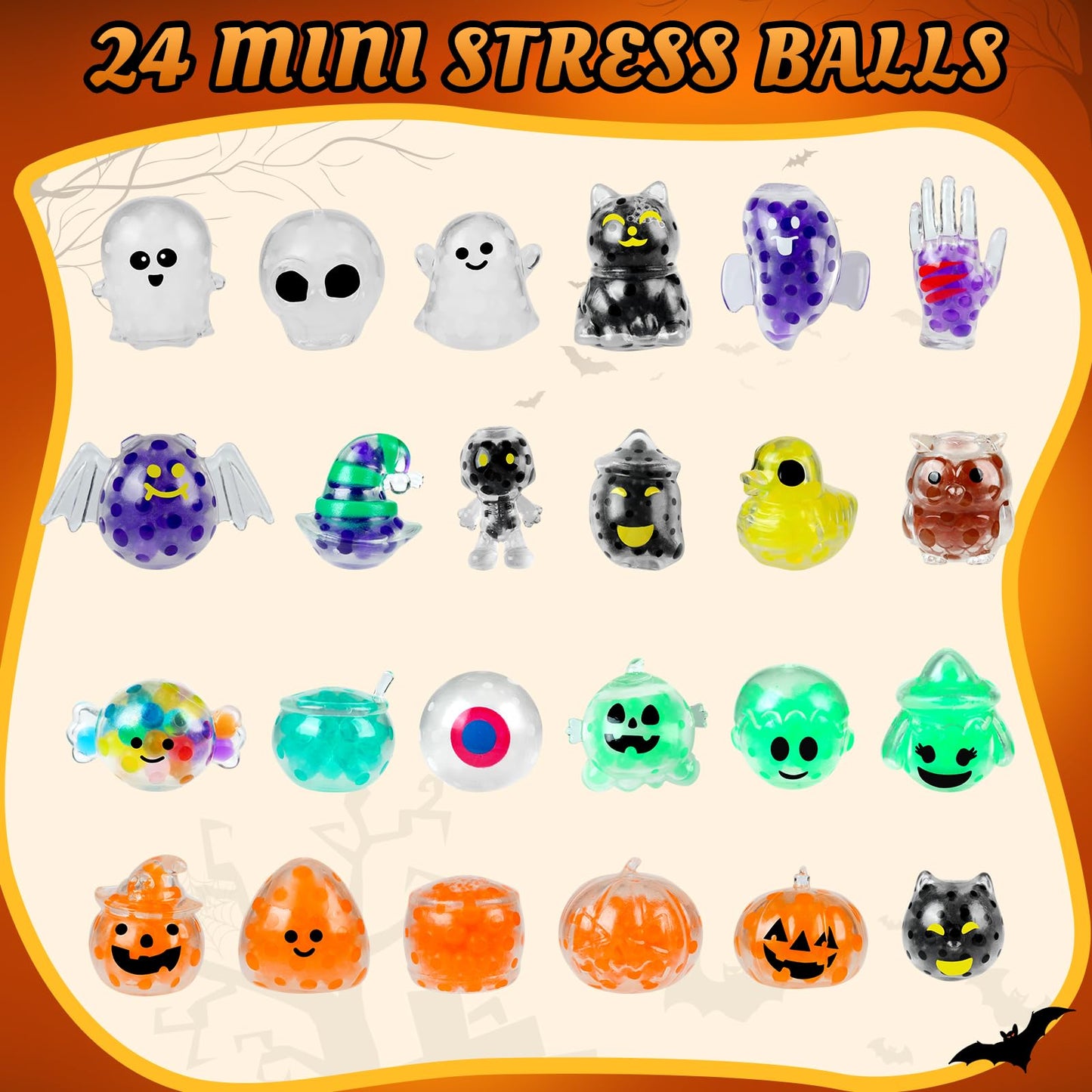 24PCS Halloween Stress Balls,Halloween Squishies for Adults,Bulk Squishy Toys Stress Relief Fidget,Halloween Party Favors Gift Goody Bag Stuffers