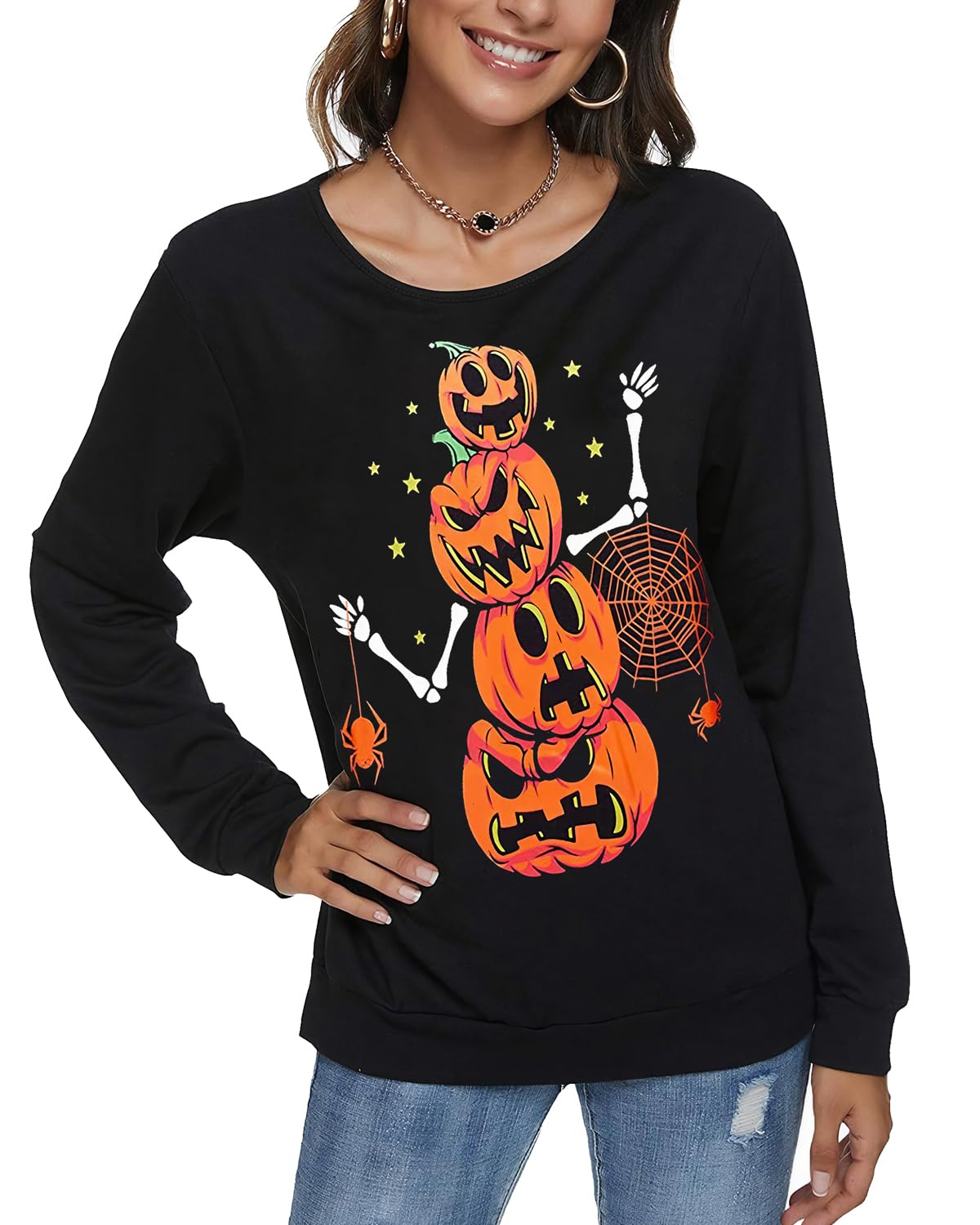 zarmfly Halloween Sweatshirts for Women Pumpkin Skeleton Shirts Long Sleeve Funny Pumpkin Graphic Halloween Tops M 8111