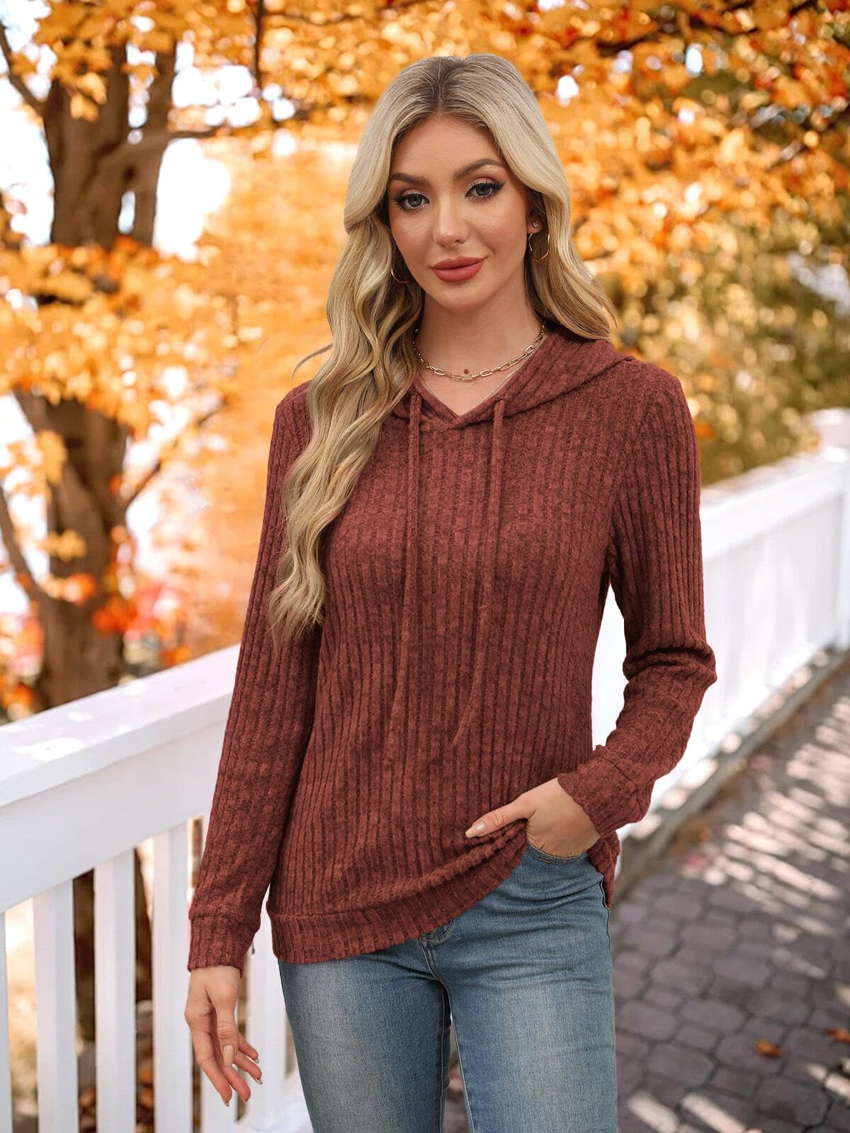 Womens Sweaters Early Fall Fashion Clothing 2025 Long Sleeve Shirts for Women Blouses Dressy Casual Hoodies Cute Tops Trendy Sweatshirts Christmas Holiday Halloween Outfits Winter Clothes Caramel M