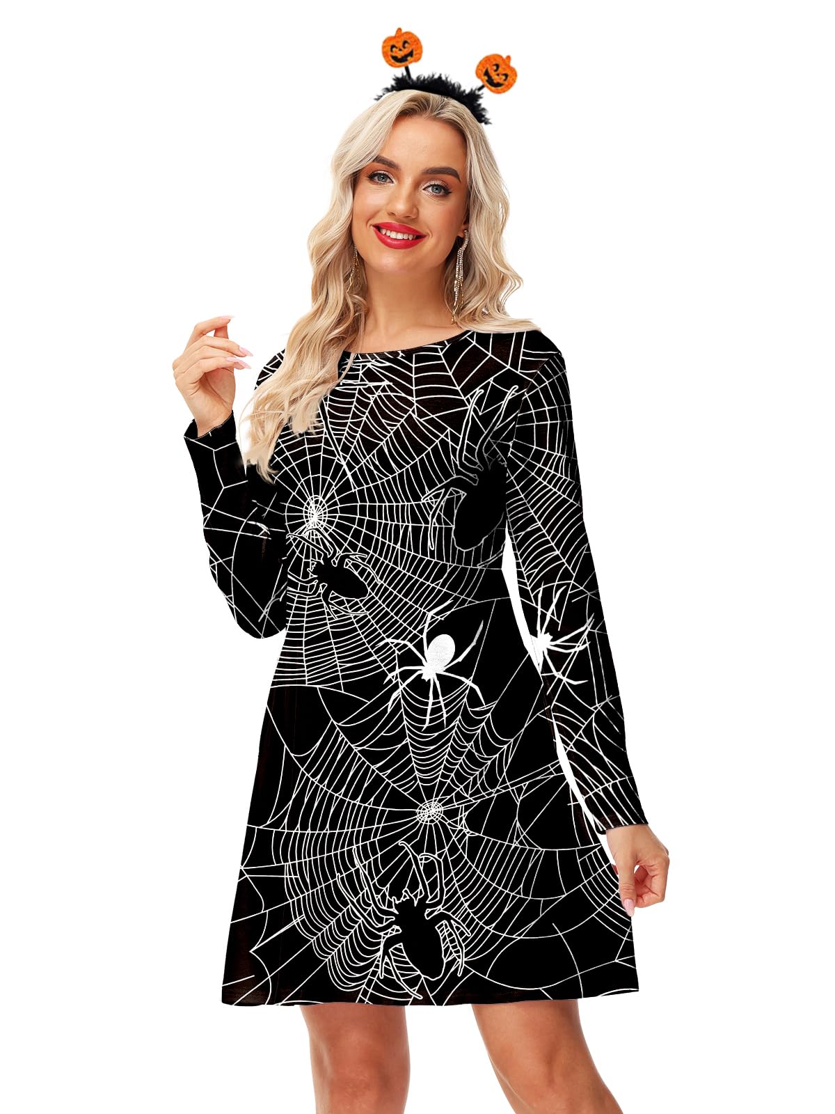 Womens Spiderweb Dress Halloween A-Lined Flare Holiday Dress with Pocket XL