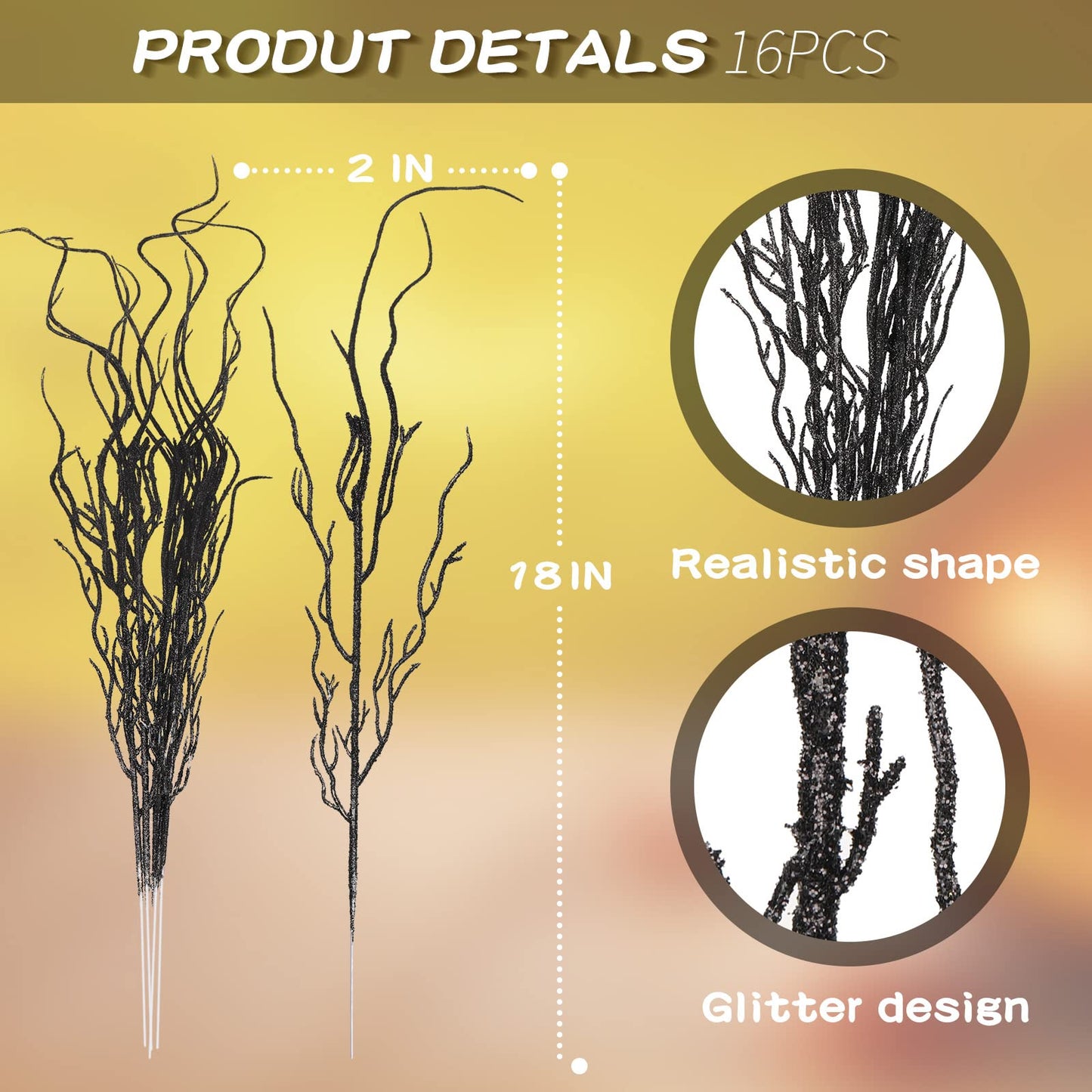 Yunsailing 16 Pcs Halloween Branches Decor for Tree 18 Inch Artificial Curly Willow Branch Lifelike Twigs and Faux Branches for Vases Fake Tree Stem for Home Party Decoration (Black)