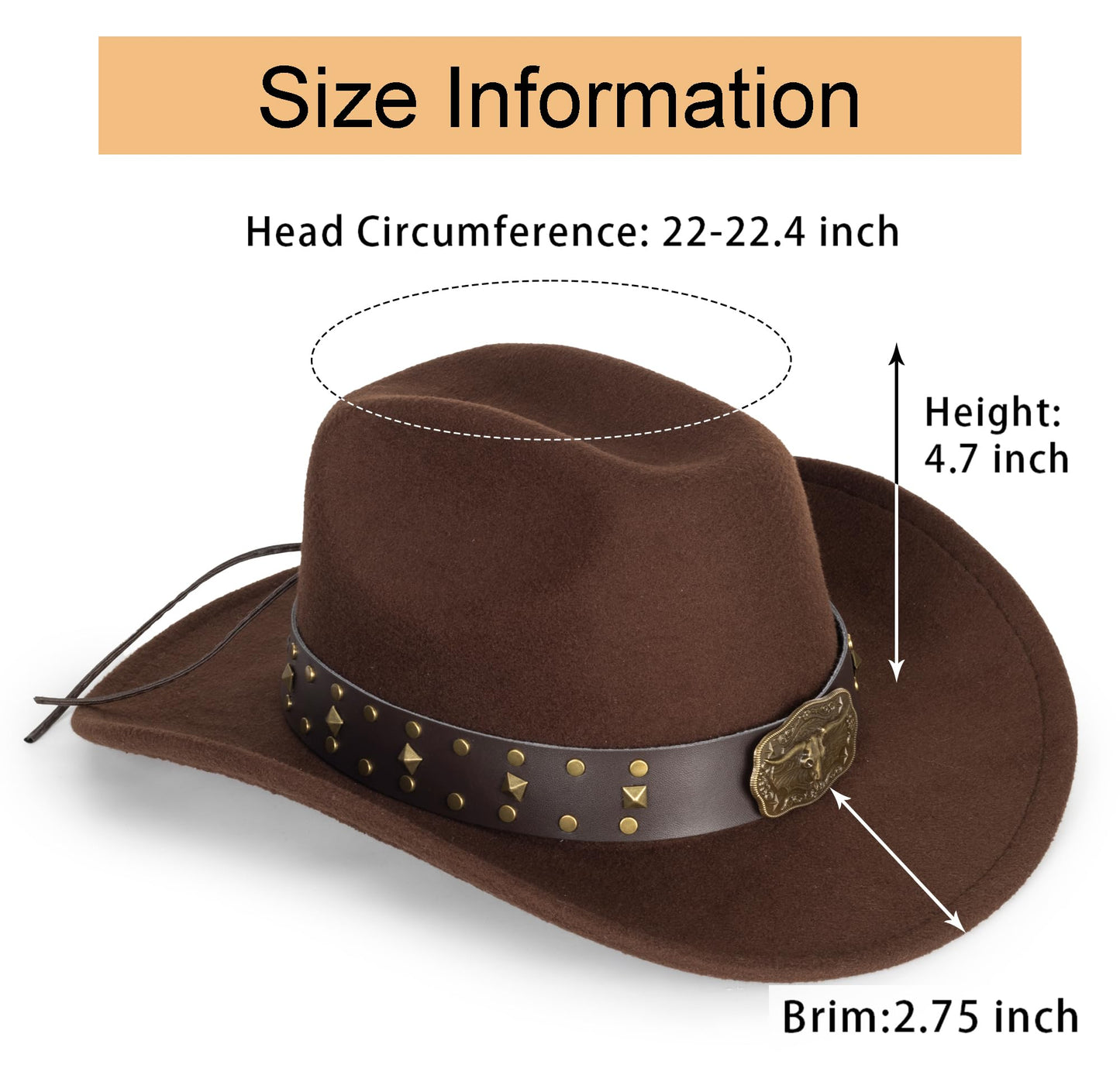 Womens Western Cowboy Hats Studded Pinched Western Cowgirl Hats Wide Brim Fedoras Hat with Belt Buckle (Size:Medium) Brown