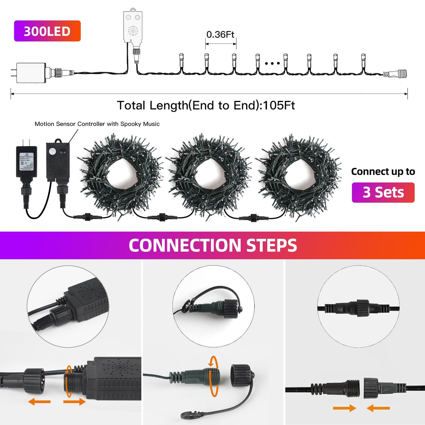 XTF2015 Halloween Lights, 105FT 300 LED Halloween String Lights with Spooky Music Motion Sensor Controller Twinkle Waterproof Purple Orange Light Plug in for Indoor Outdoor Tree Party Yard Room Decor