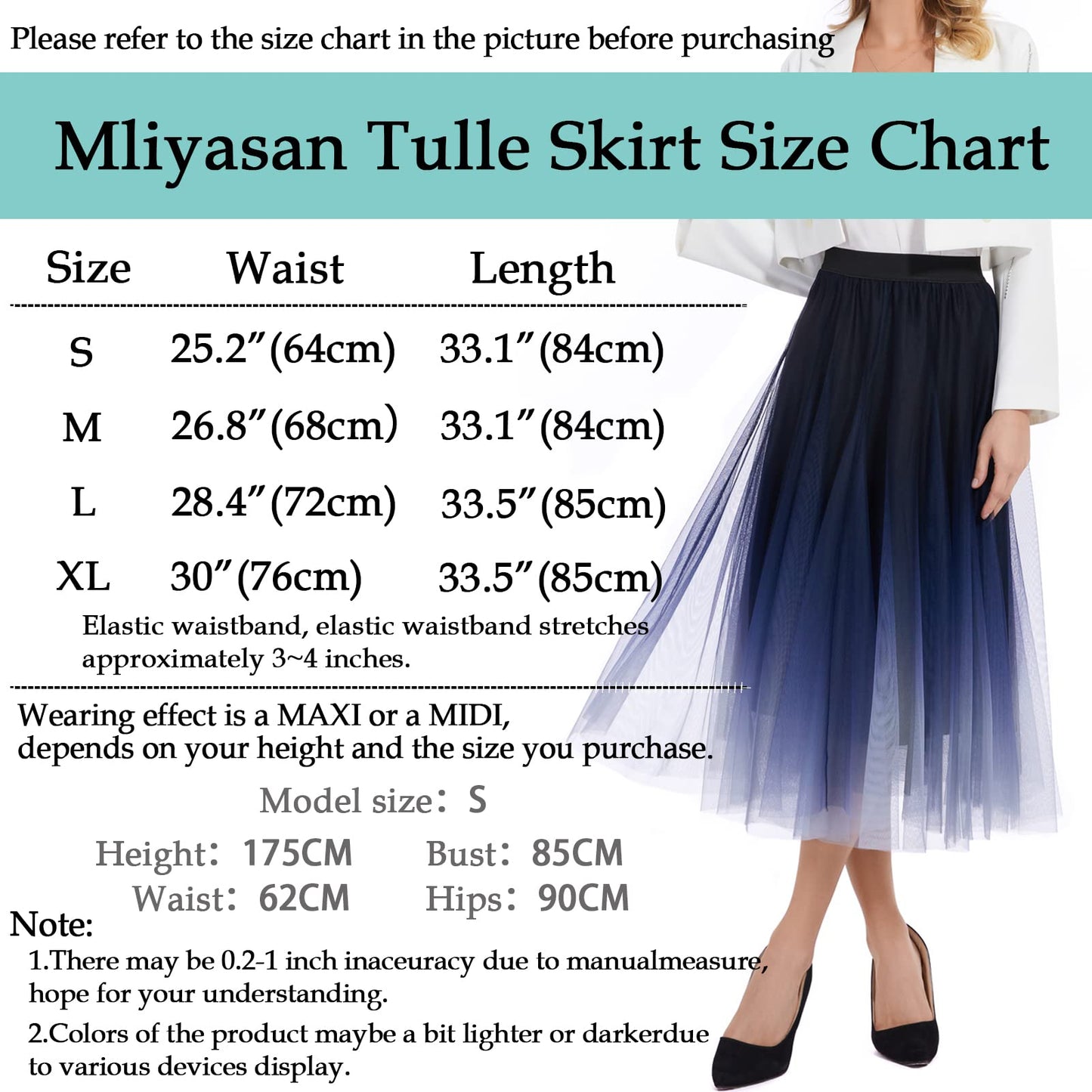 Women’s Tulle Skirts Midi Elastic High Waist Pleated Mesh Flowy A-Line Party Long Tutu Skirt Gradient Purple