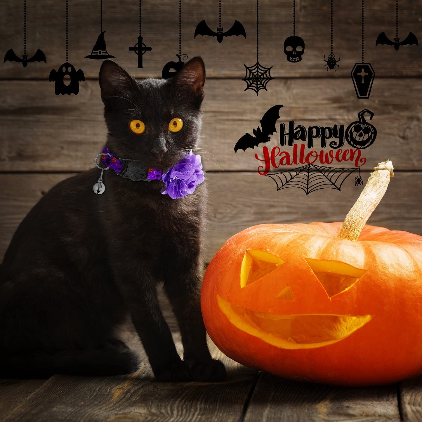 4 Pieces Halloween Cat Collar Breakaway Cat Collars with Bell and Removable Flowers Pumpkin Ghost Kitty Collars Quick Release Adjustable Pet Collar for Cat