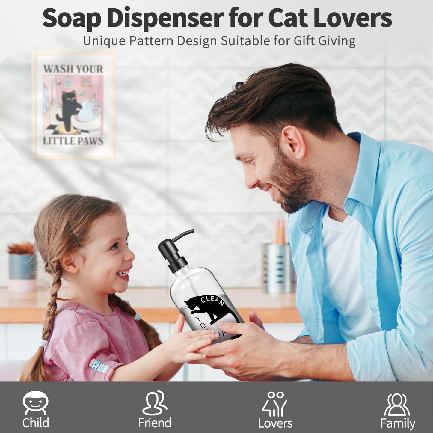 zuxzmj Black Cat Soap Dispenser 17 oz Clear Glass Hand Soap Bottle with 304 Stainless Steel Pump for Bathroom or Kitchen Countertop Cat Lover Gift Idea